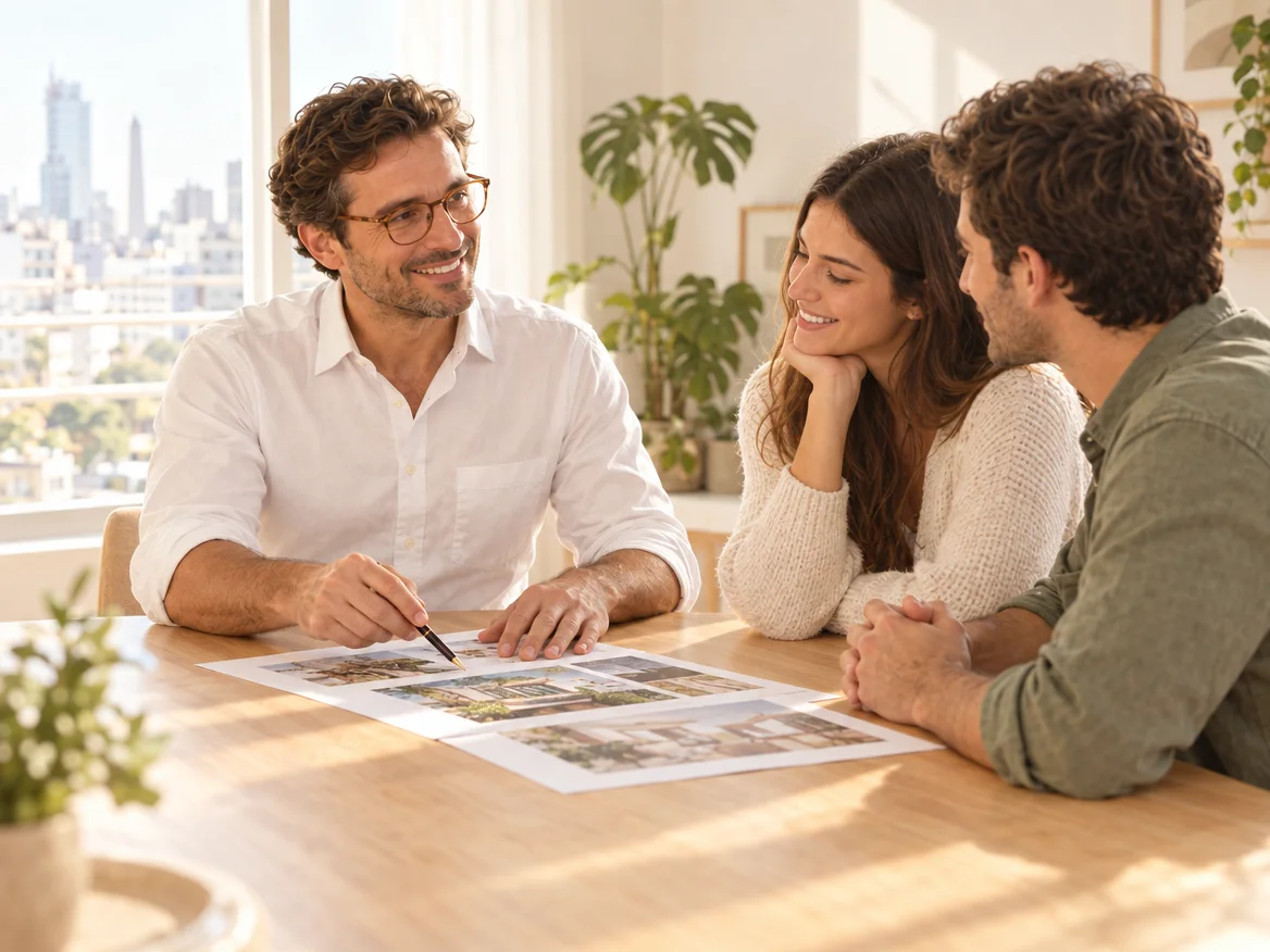 El Arquitecto le explica el Informe impreso a una pareja en la mesa del comedor